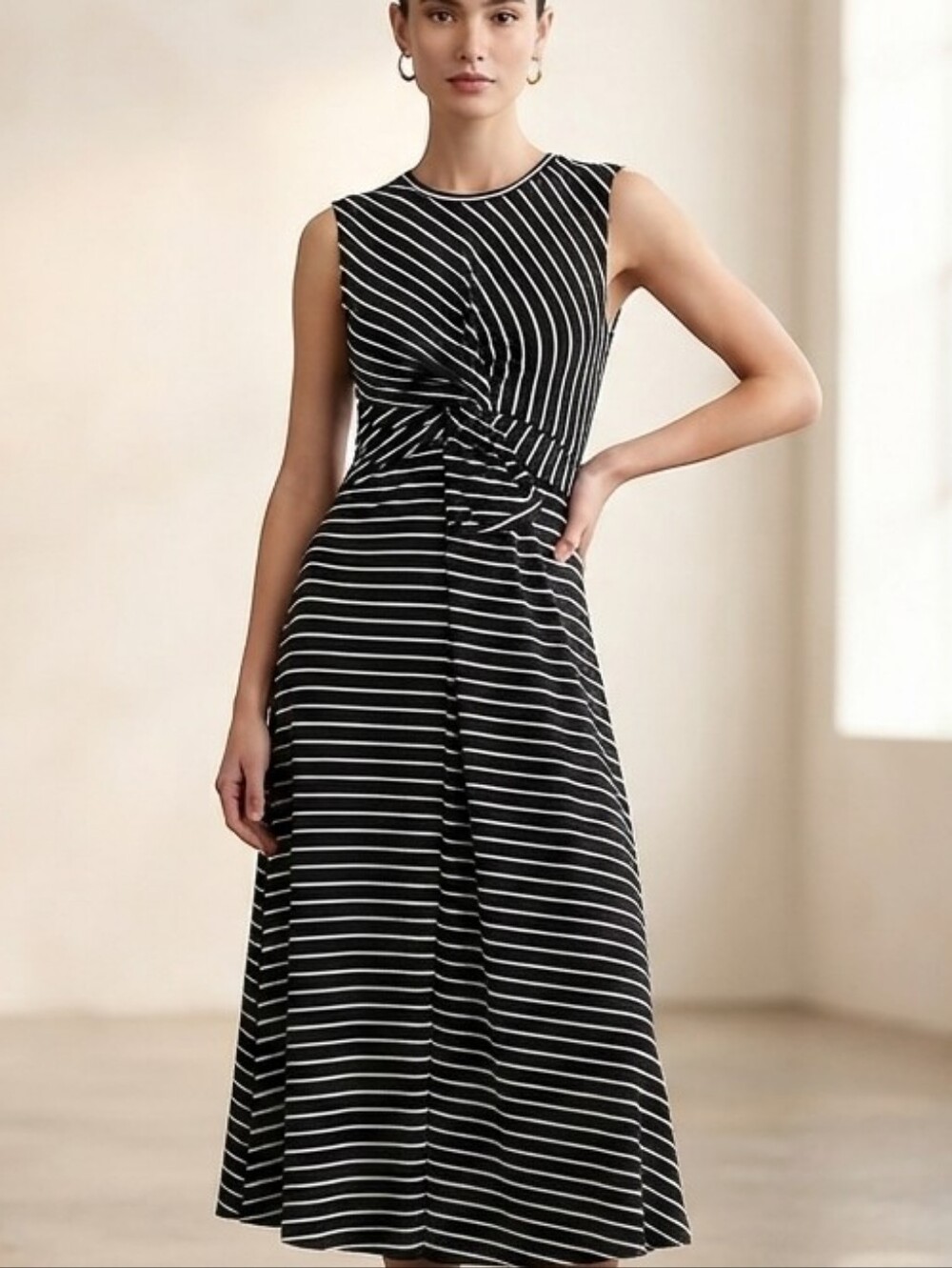 NEVER WORN Banana Republic BR Blck/Wht Stripe Stripes Knot-Waist Midi Dress Sz M